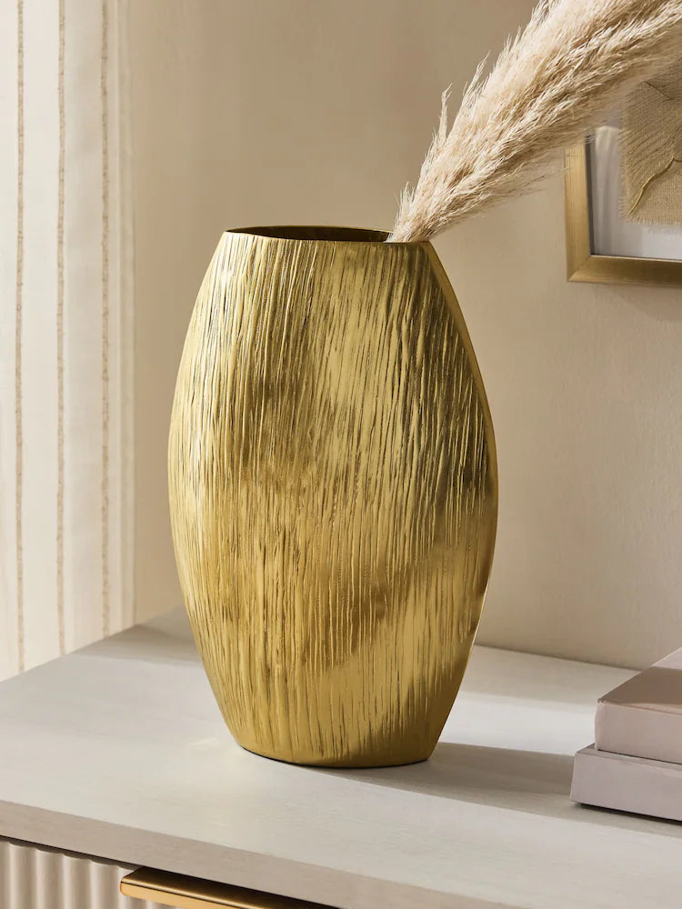 Textured Gold Oval Vase - Modern Brushed Finish Decorative Vessel